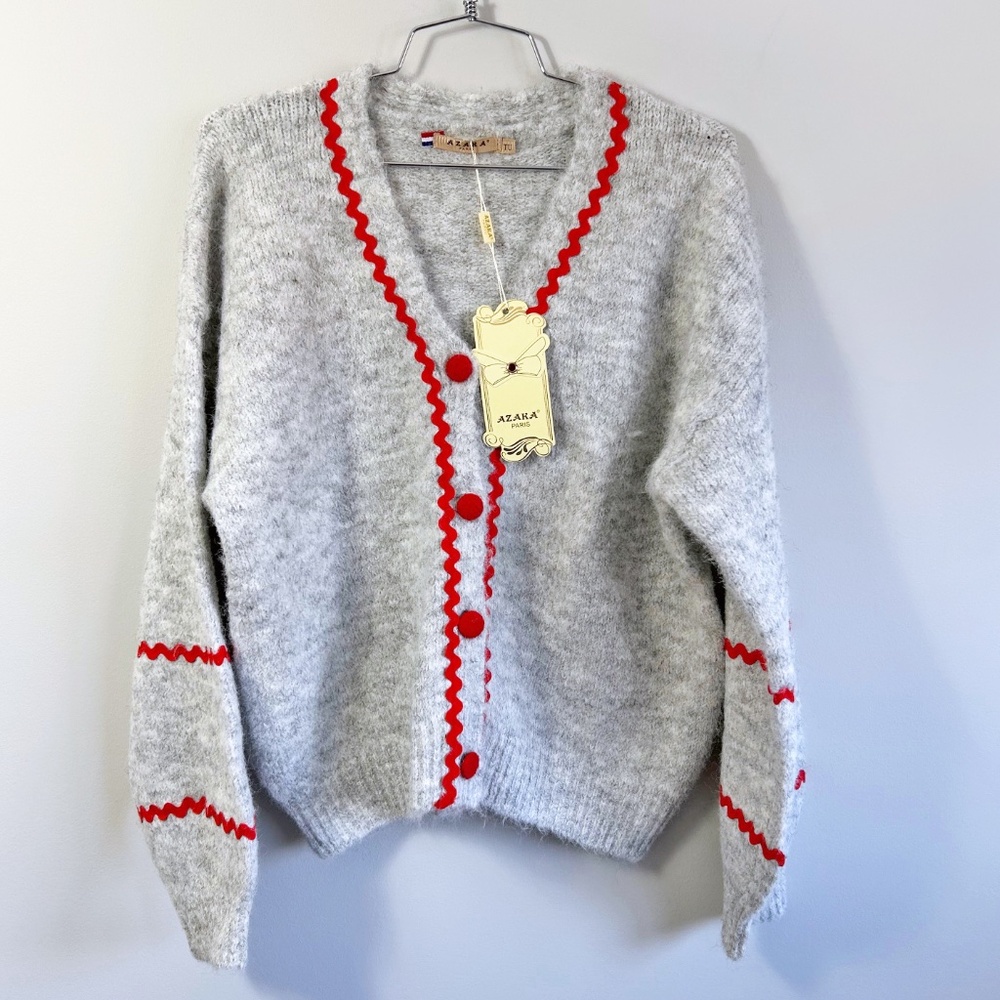 Azara France Soft button front cardigan grey with contrast red trim NWT
